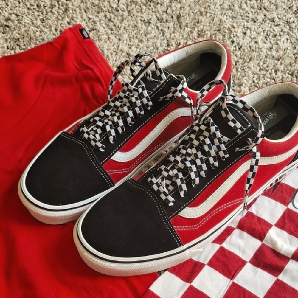 Vans Red and Black Old Skool Sneakers.